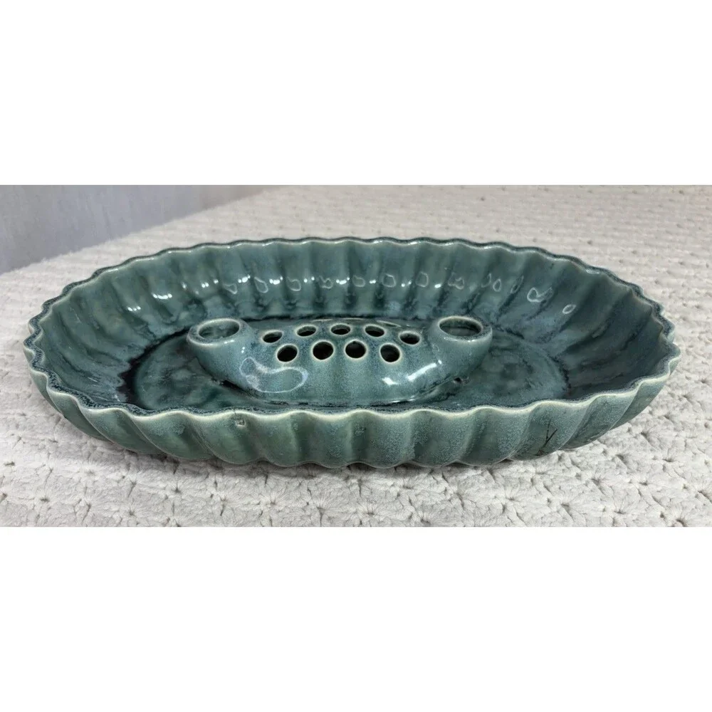 Vintage Green Celadon USA Ceramic Flower Frog and Candlestick Holder 13